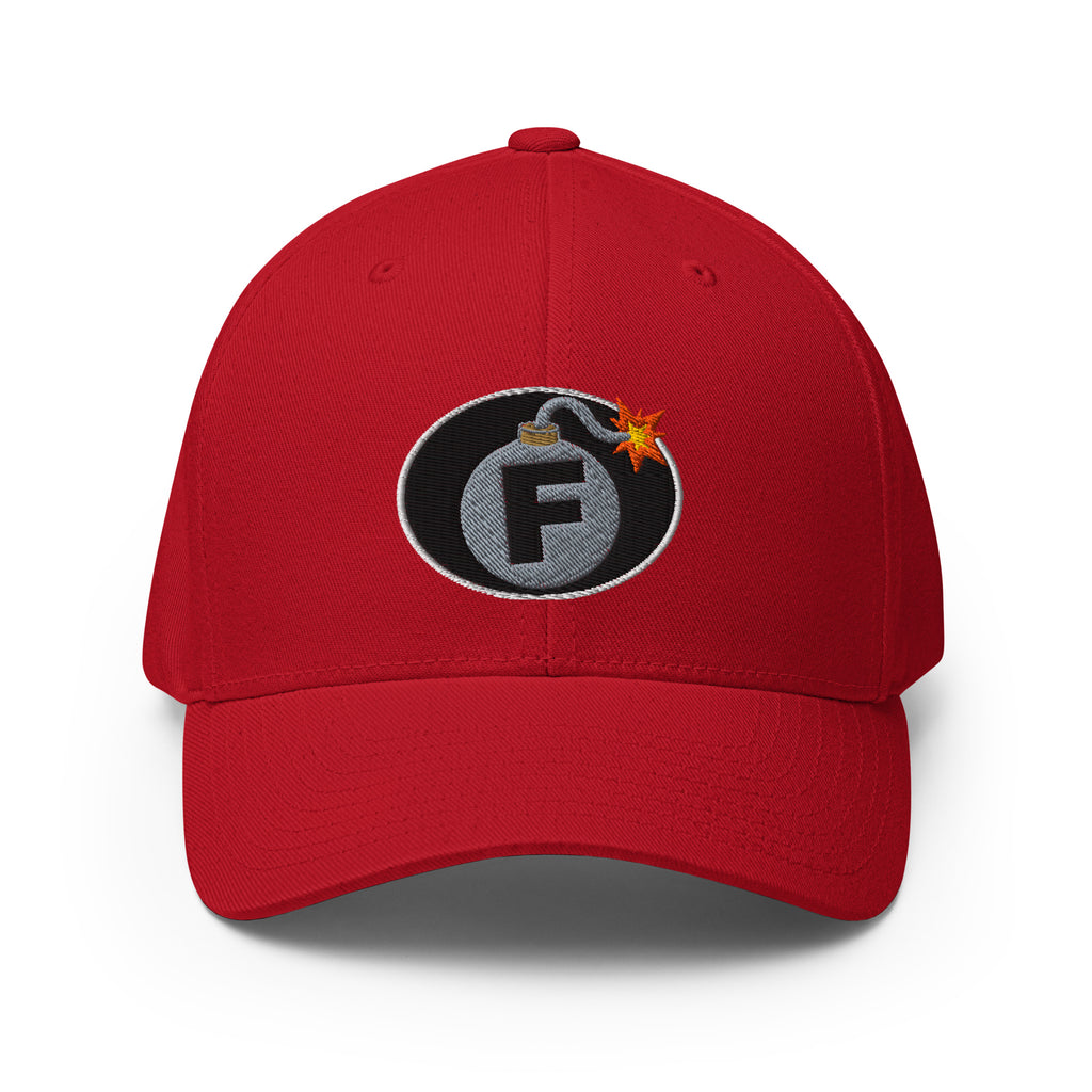 Red structured Flexfit cap with embroidered F-Bomb front design, front view