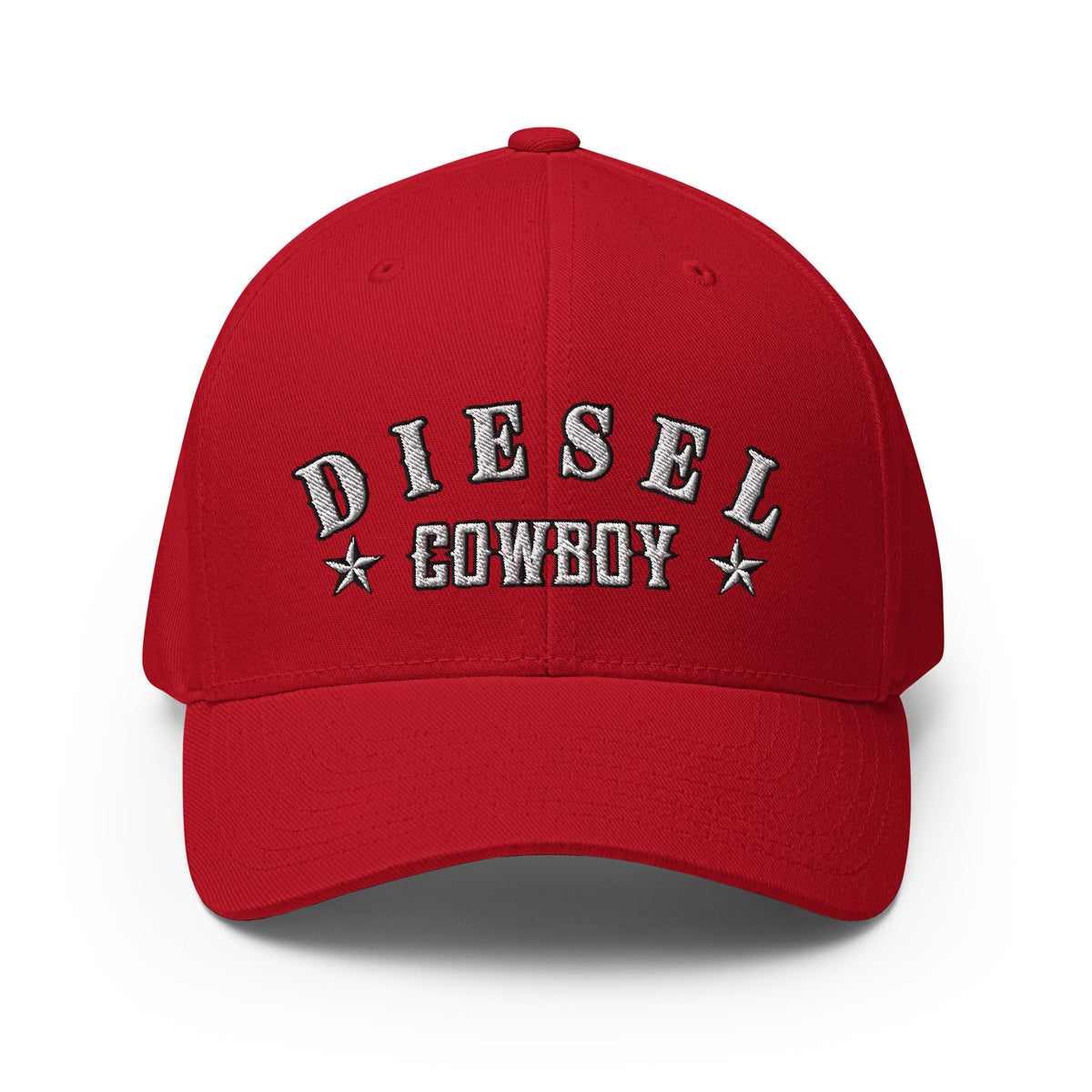 Red structured Flexfit cap with embroidered Diesel Cowboy front design, front view