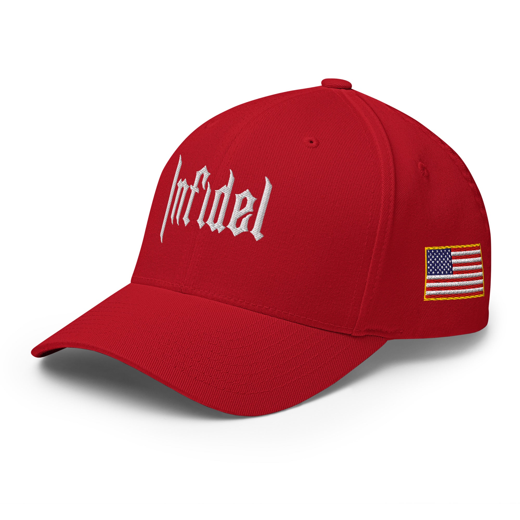Red cap with 'Infidel' text and American flag on a white background