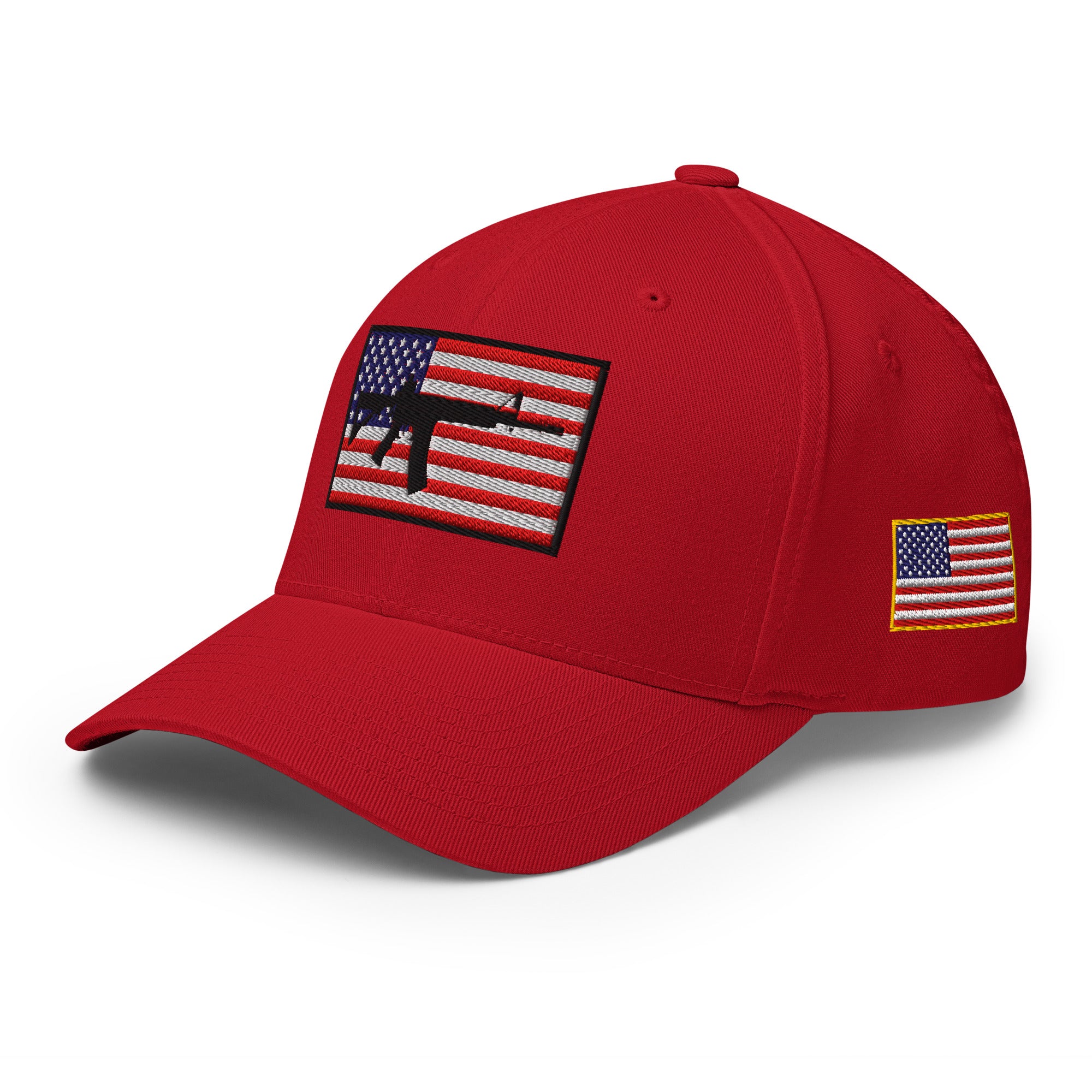 Red cap with American flag patch on a white background