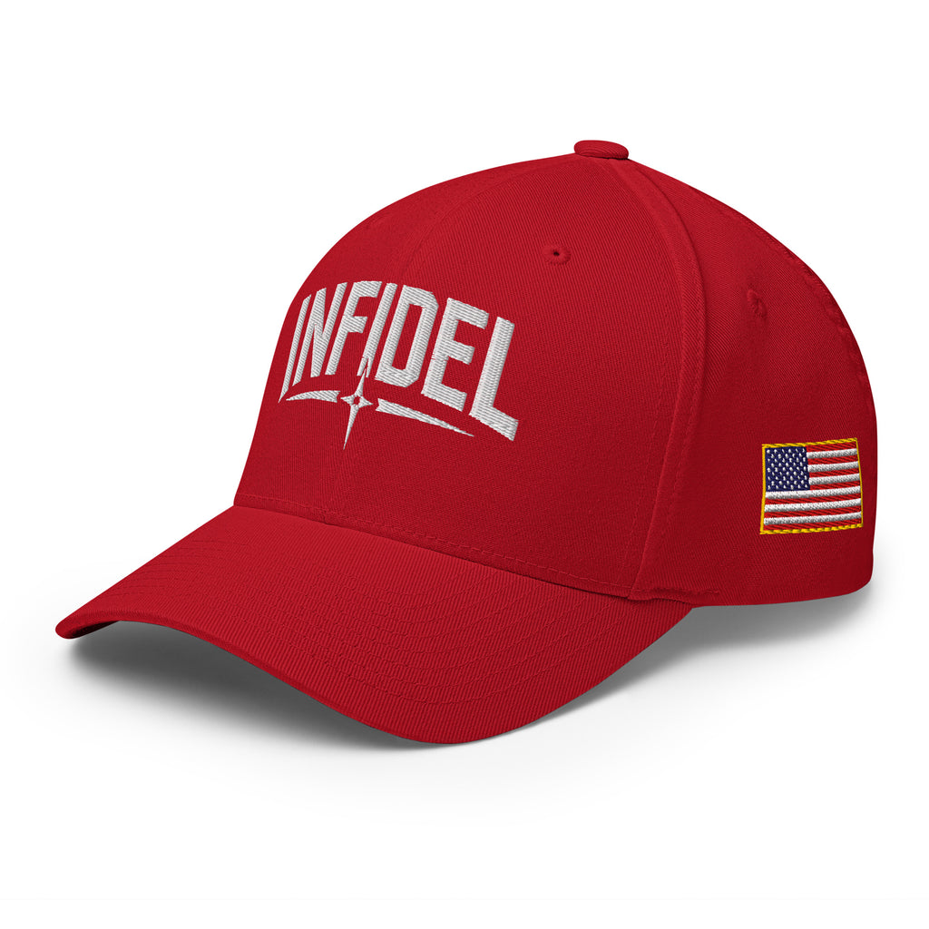 Red cap with 'INFIDEL' text and American flag on a white background