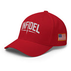 Red cap with 'INFIDEL' text and American flag on a white background
