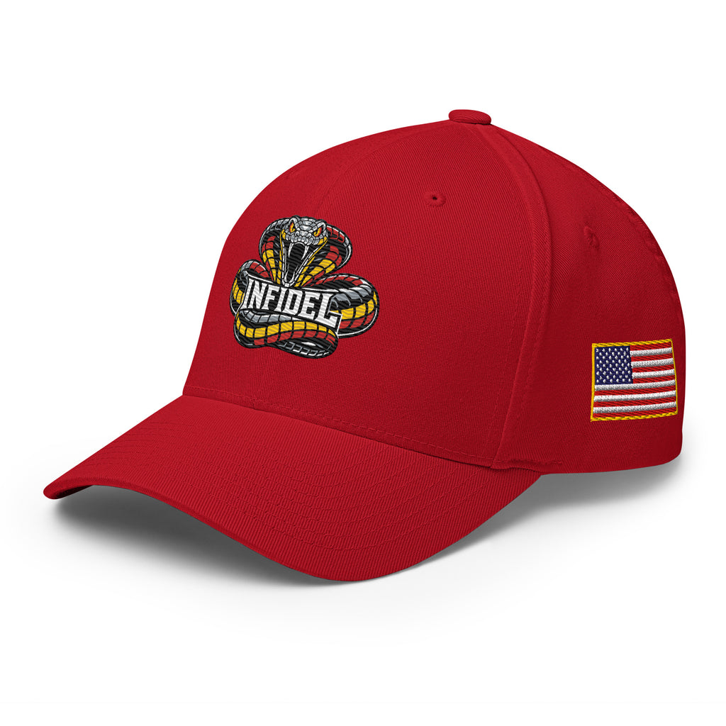 Left-front view of red Infidel Coiled Cobra Flexfit hat