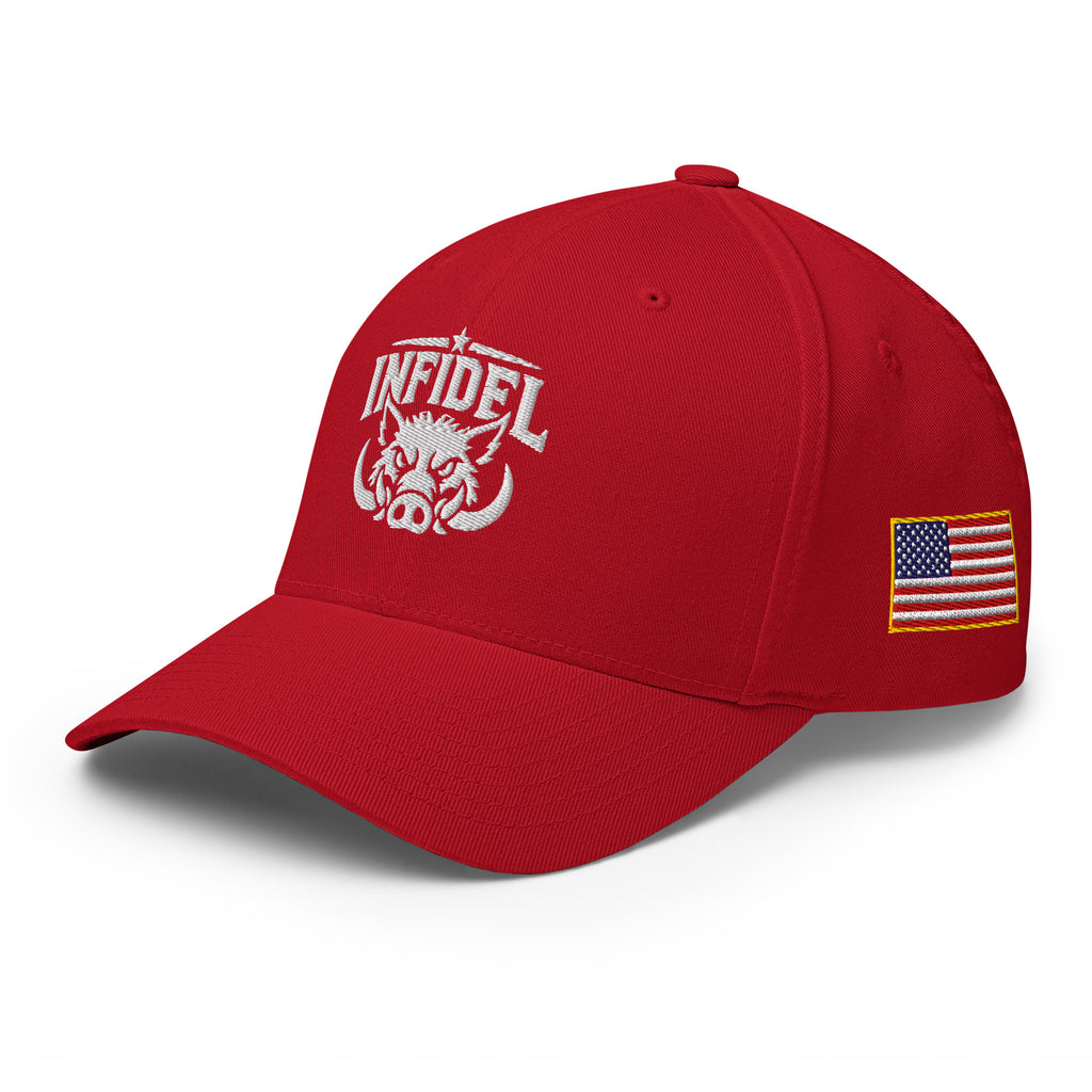 Left-front view of red Infidel War Pig Flexfit hat