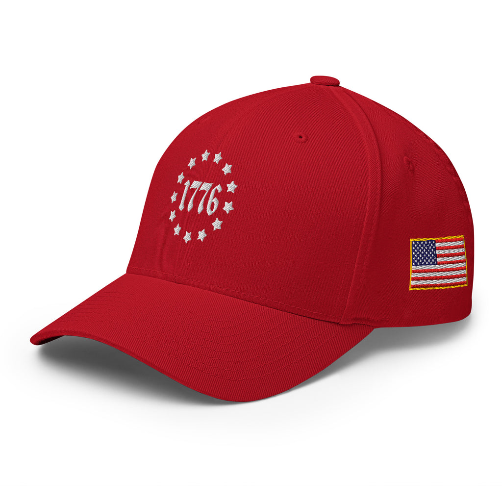 Left-front view of red 1776 Betsy Ross Stars Flexfit hat