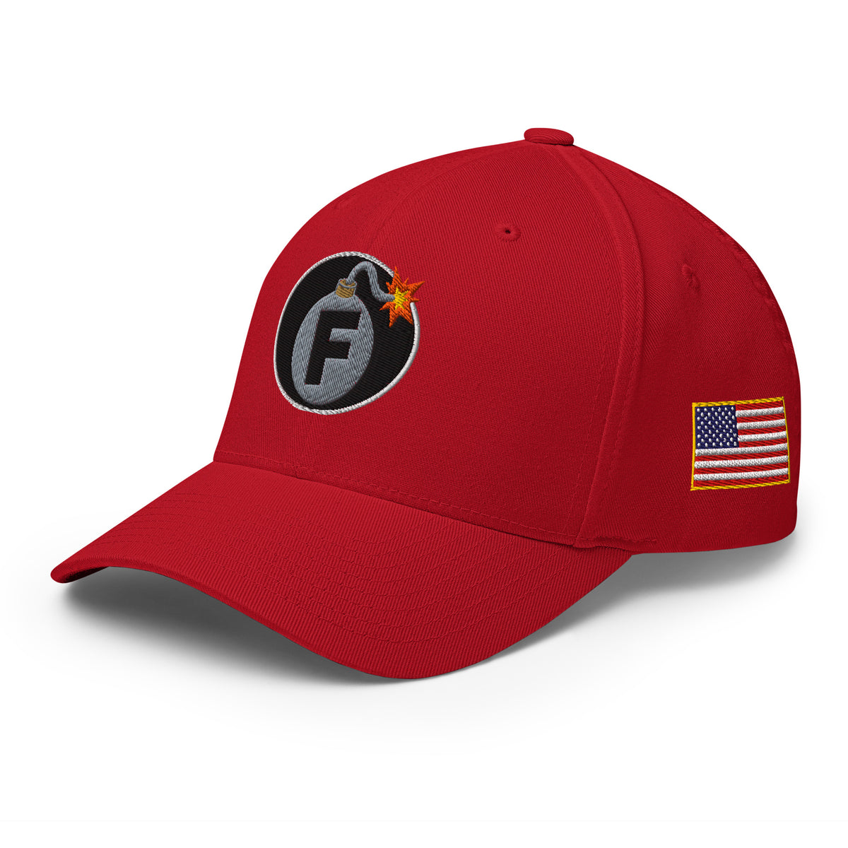 Red structured Flexfit cap with embroidered F-Bomb design, left front view