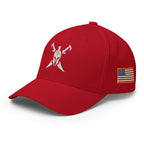 Red structured Flexfit cap, left front view with Call to Arms embroidery