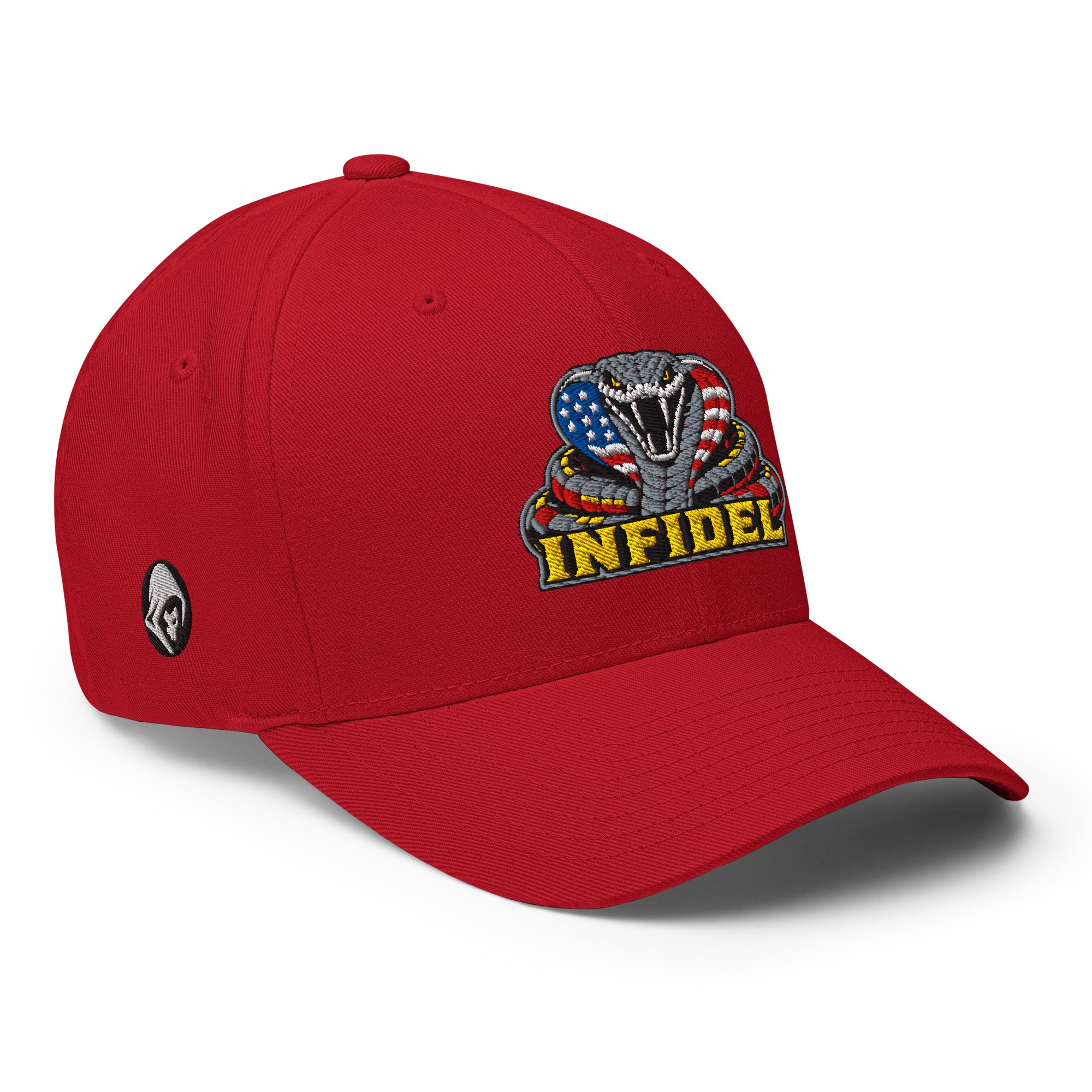 Right-front view of red Infidel USA Flag Cobra Flexfit hat