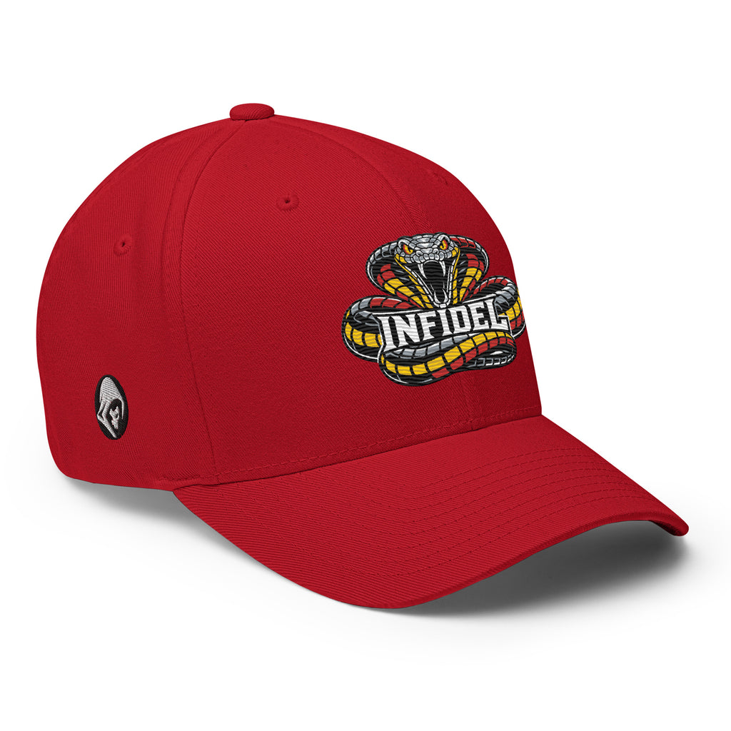 Right-front view of red Infidel Coiled Cobra Flexfit hat