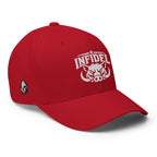 Right-front view of red Infidel War Pig Flexfit hat