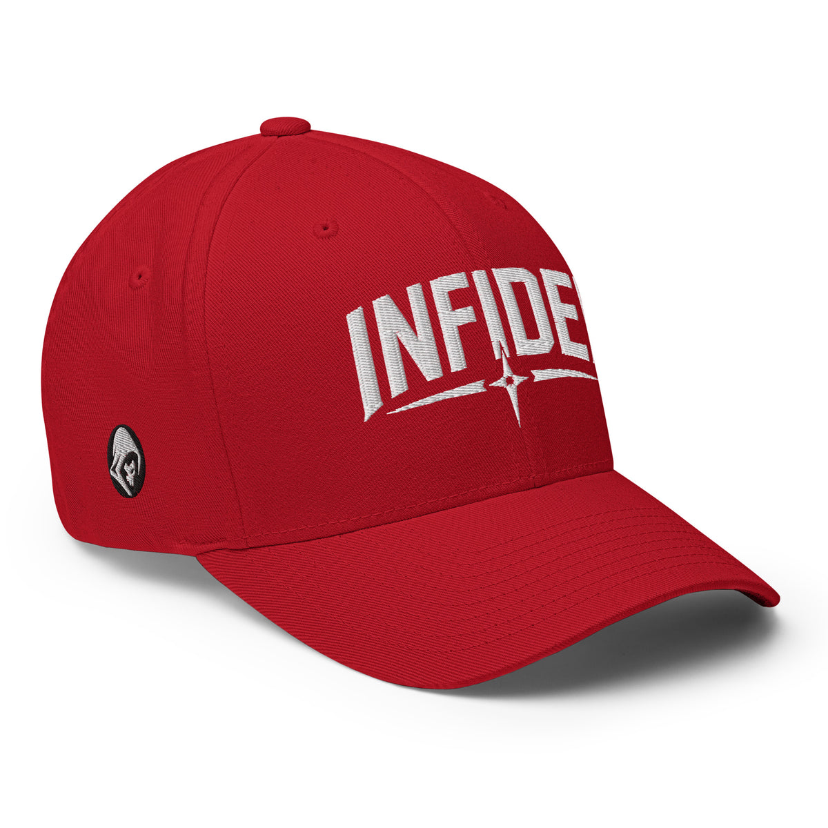 Right-front view of red Infidel Spike Flexfit hat