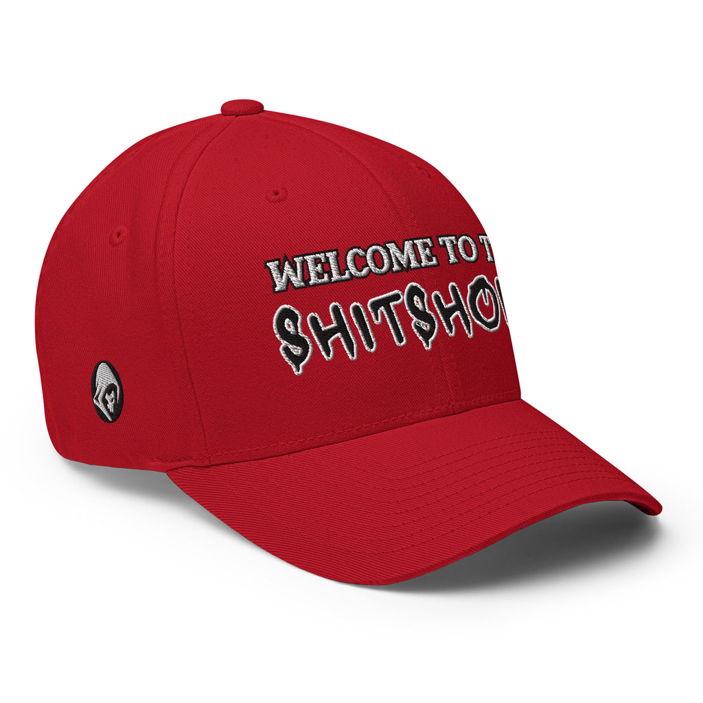 Right-front view of red Welcome to the Shitshow Flexfit hat