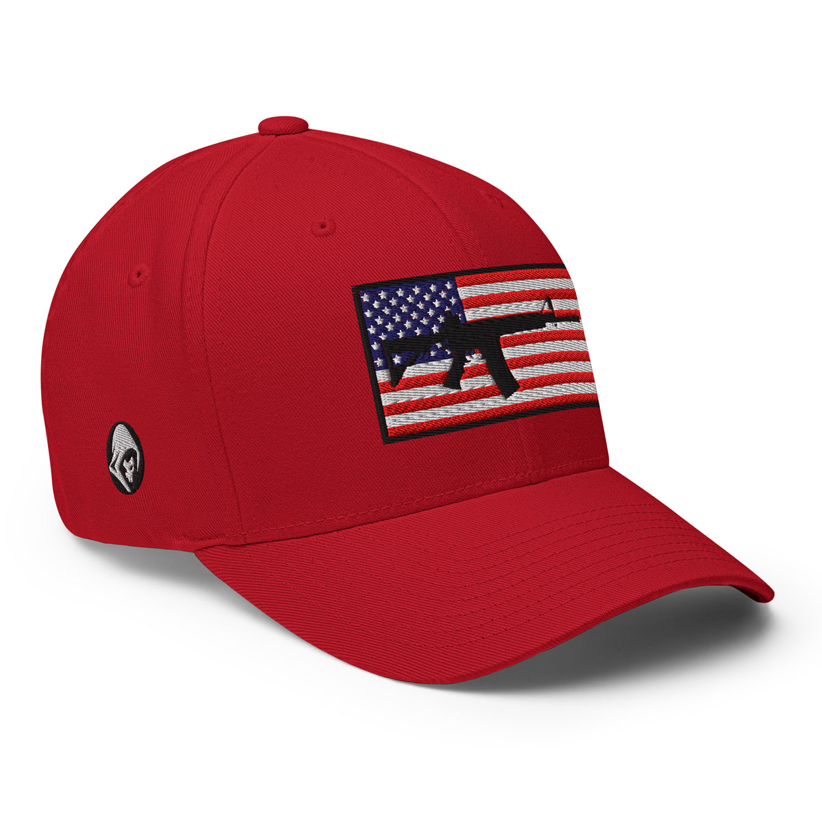 Right-front view of red AR-15 Old Glory Flexfit hat