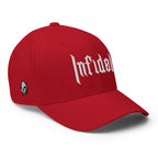 Right-front view of red OG Infidel Flexfit hat