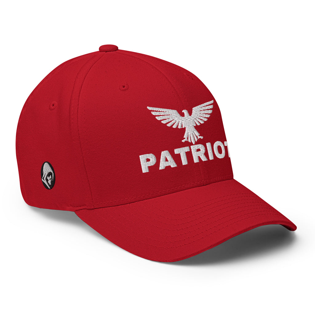 Right-front view of red Patriot Eagle Flexfit hat