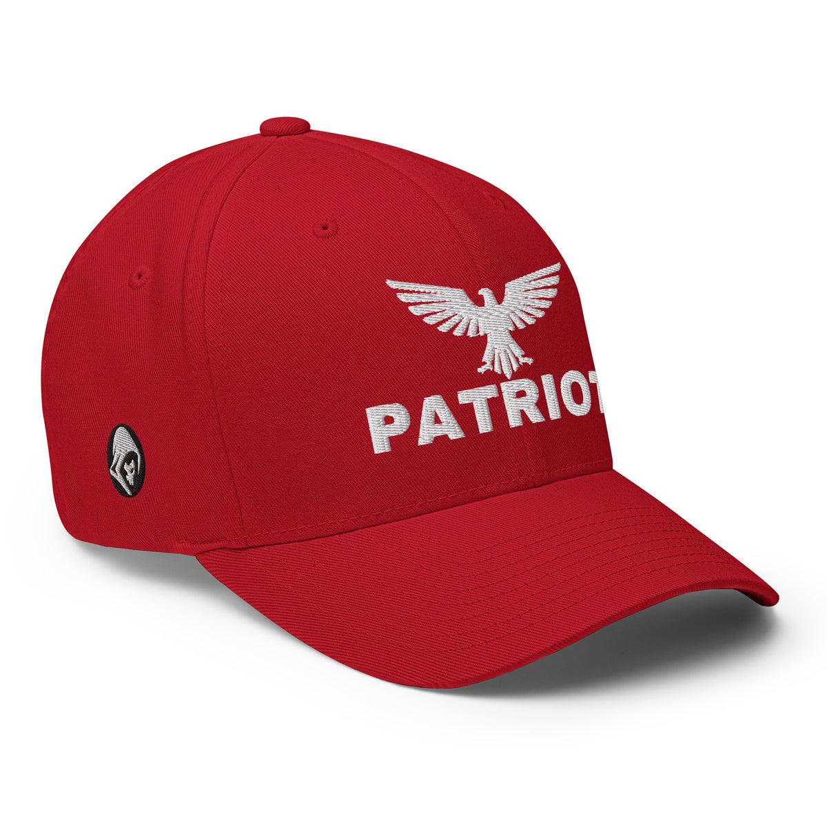 Right-front view of red Patriot Eagle Flexfit hat