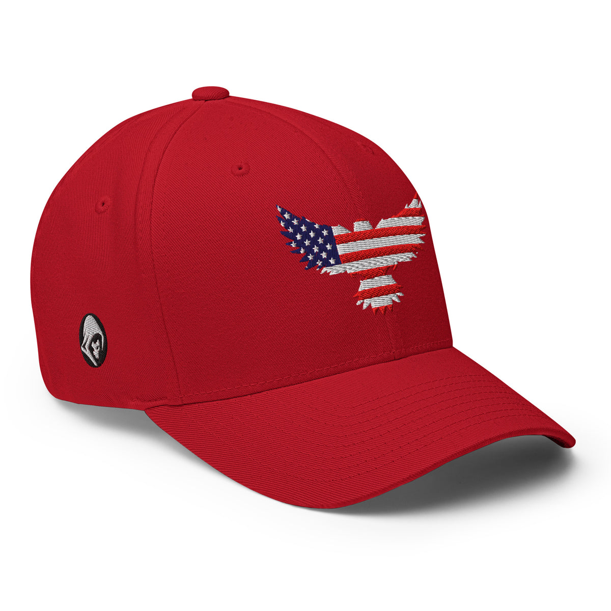 Right-front view of red Old Glory Eagle Flexfit hat