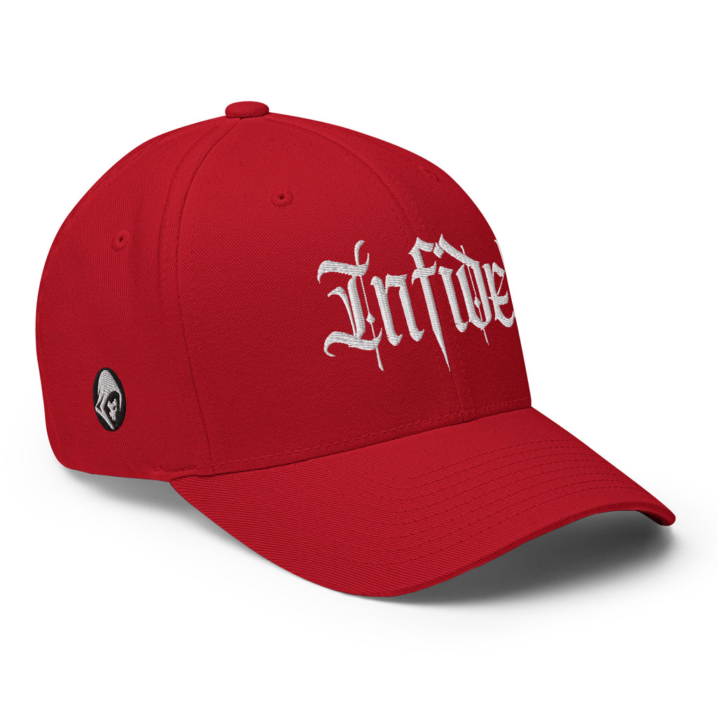 Right-front view of red Infidel Script Flexfit hat