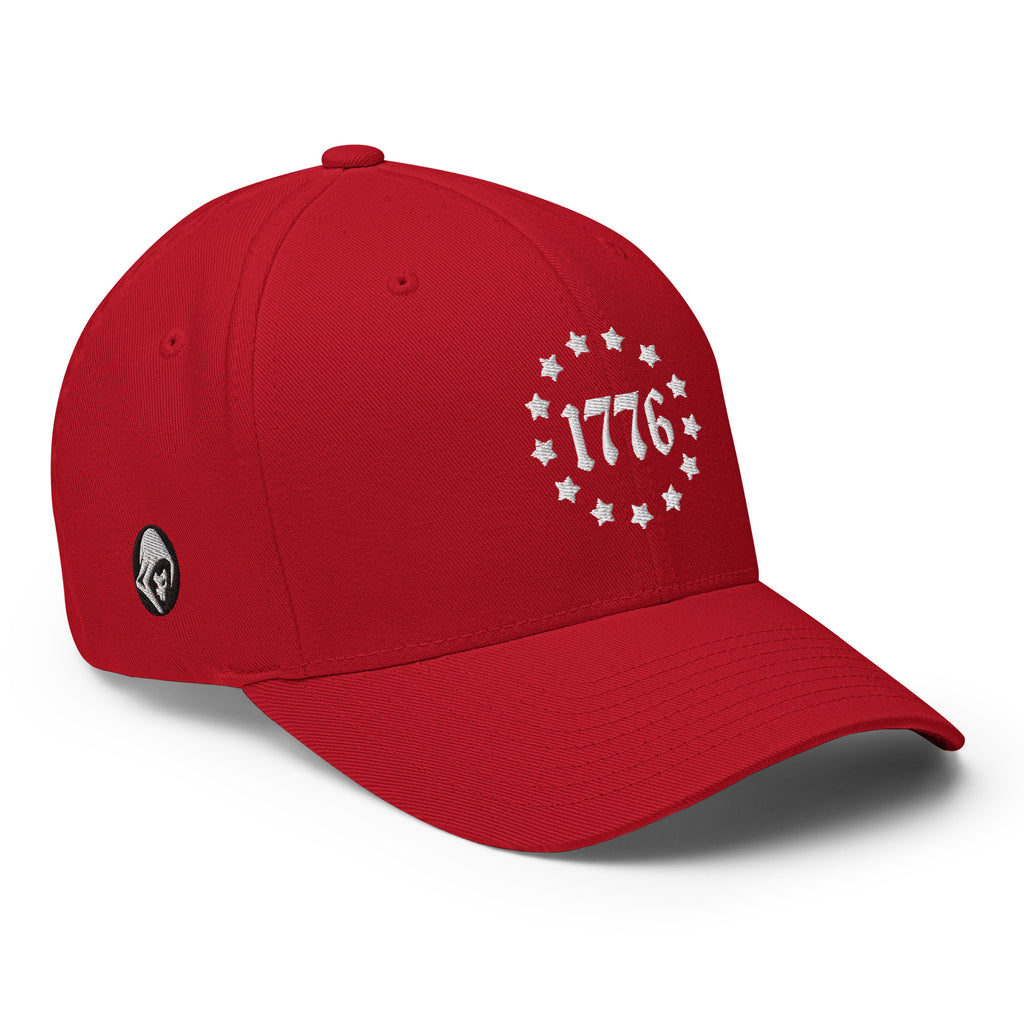 Right-front view of red 1776 Betsy Ross Stars Flexfit hat