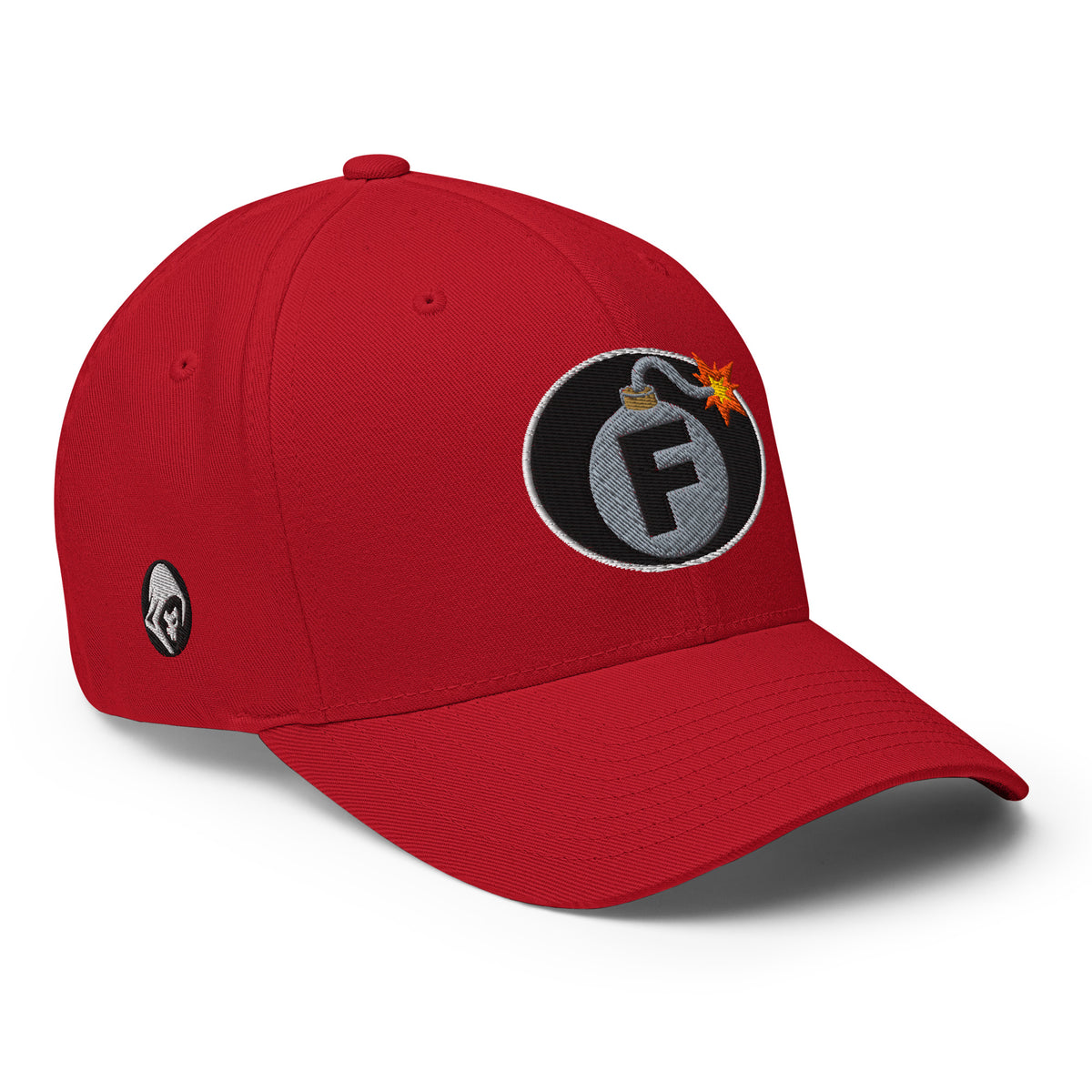 Red structured Flexfit cap with embroidered F-Bomb design, right front view