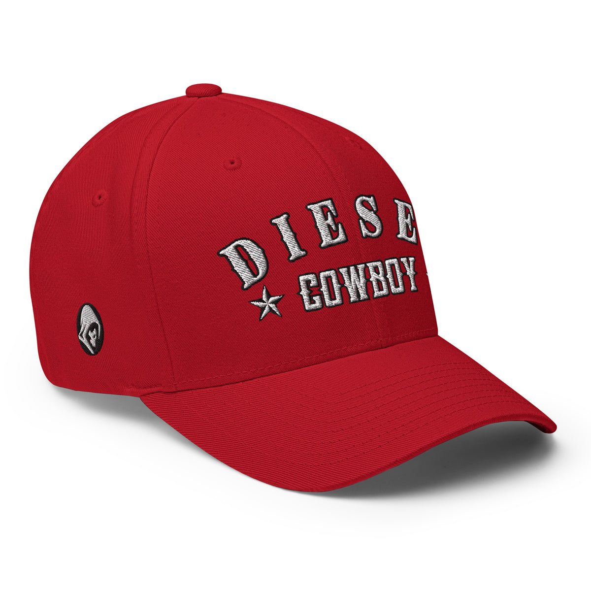 Red structured Flexfit cap with embroidered Diesel Cowboy design, right front view