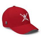 Red structured Flexfit cap, right front view with Call to Arms embroidery
