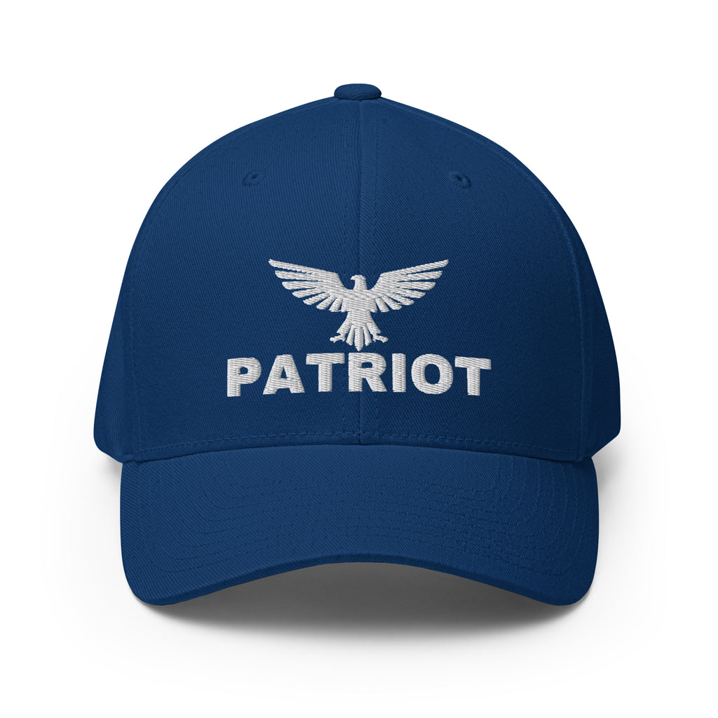 Blue cap with white eagle logo and 'Patriot' text on a white background