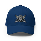Blue cap with a skull and crossed swords emblem on a white background
