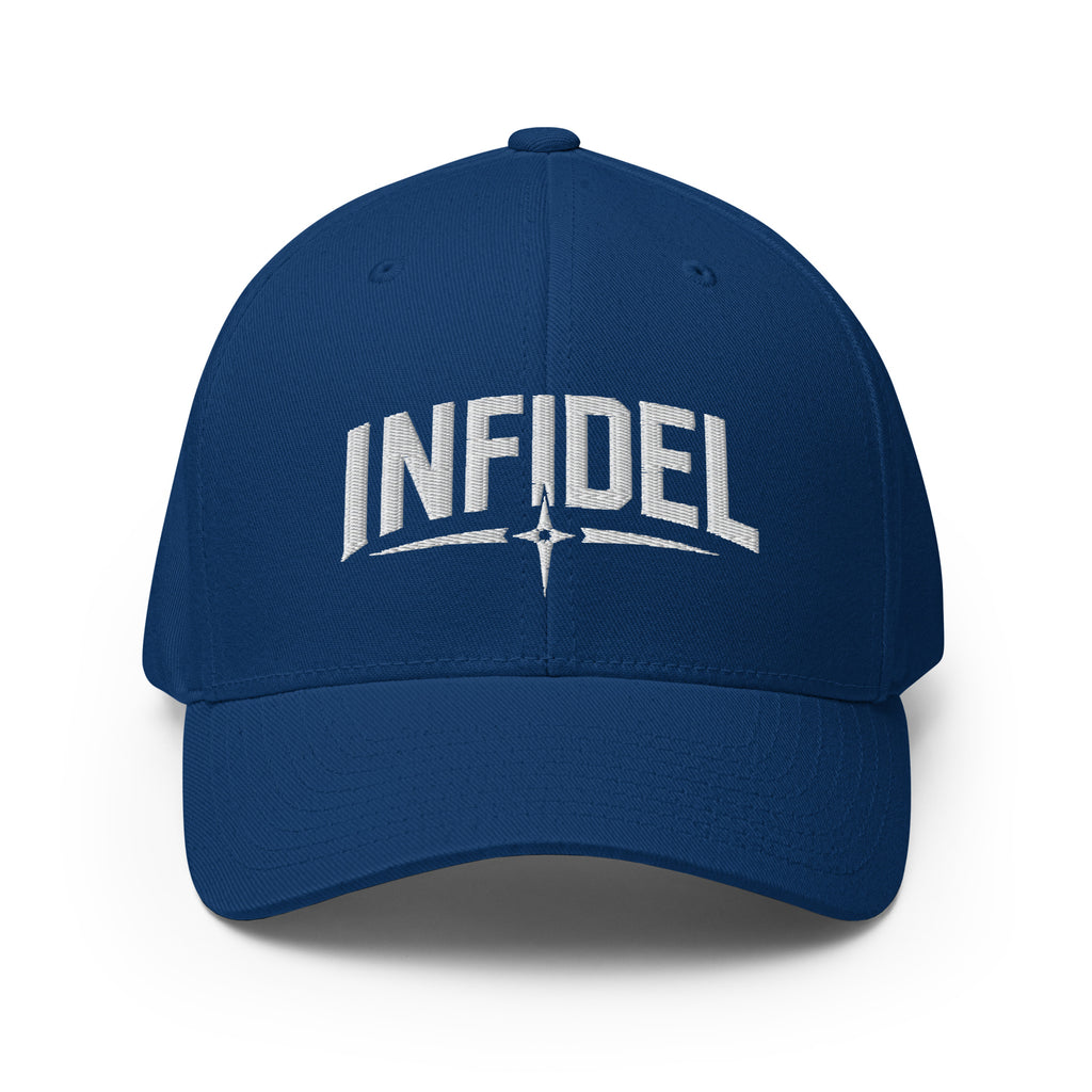 Blue cap with 'INFIDEL' text on a white background