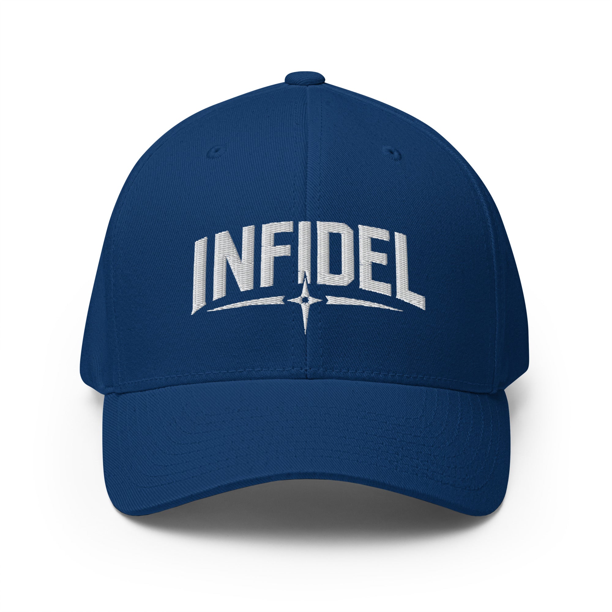 Blue cap with 'INFIDEL' text on a white background