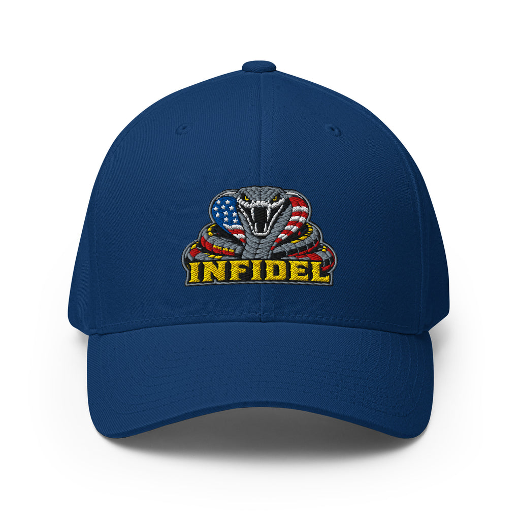 Front view of royal blue Infidel USA Flag Cobra Flexfit hat