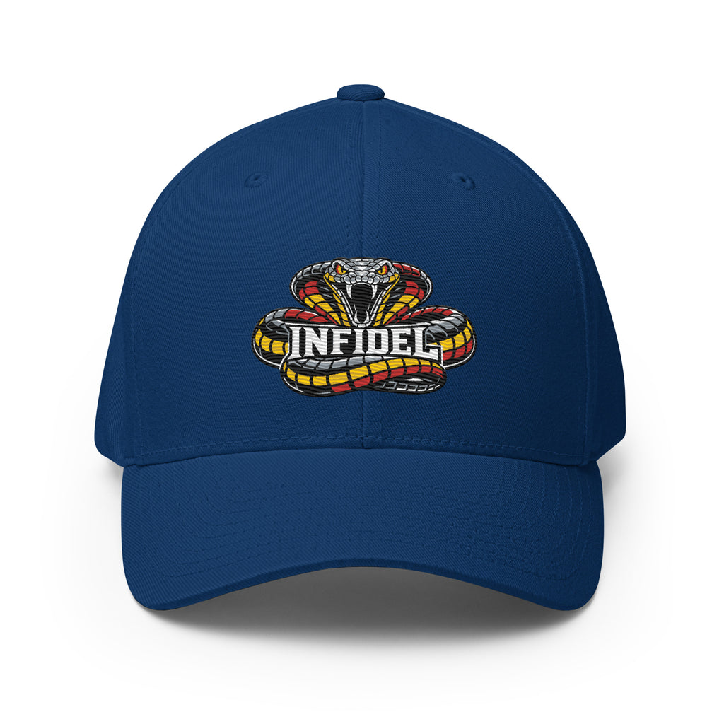 Front view of royal blue Infidel Coiled Cobra Flexfit hat