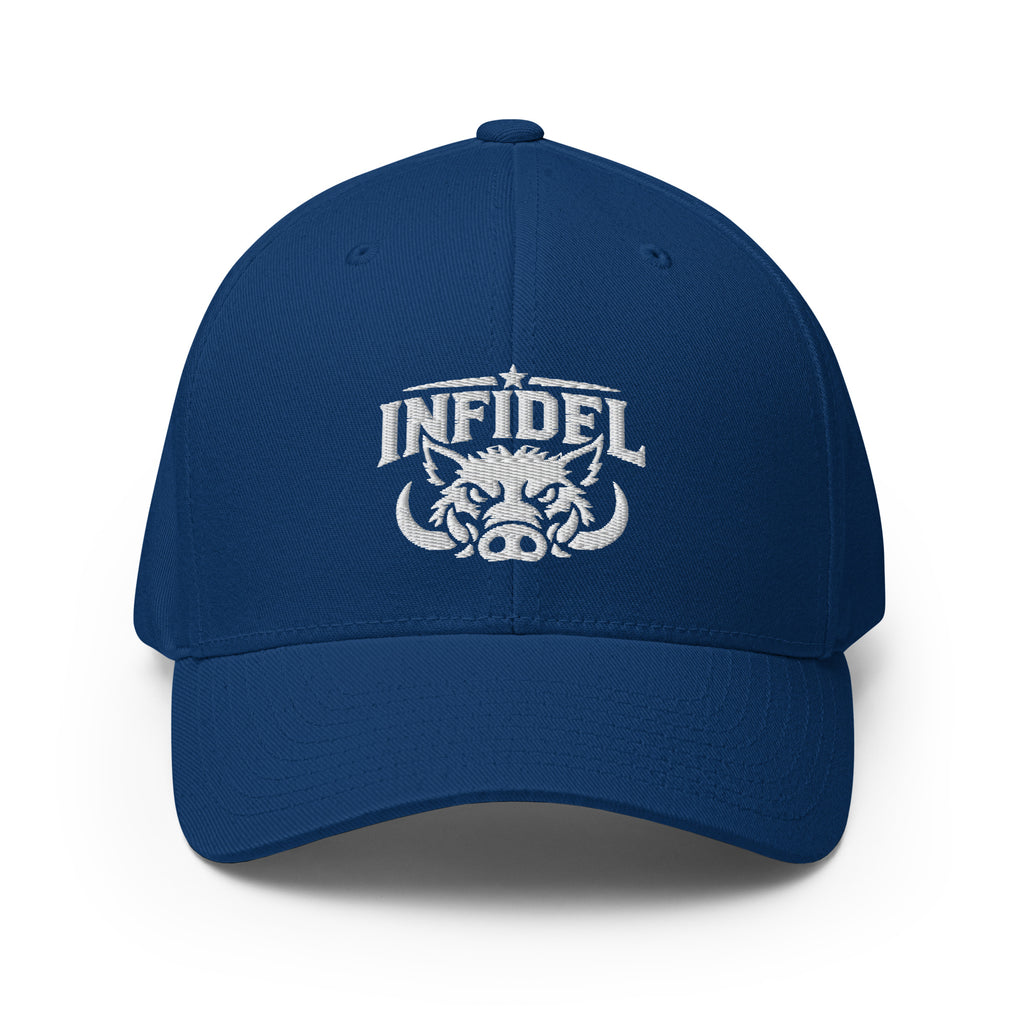 Front view of royal blue Infidel War Pig Flexfit hat