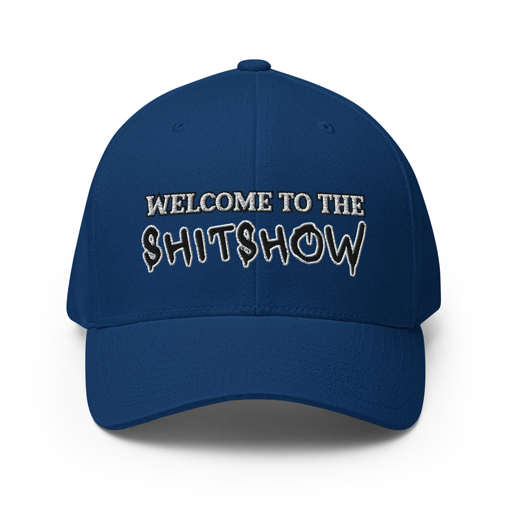 Front view of royal blue Welcome to the Shitshow Flexfit hat