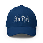 Front view of royal blue Infidel Script Flexfit hat