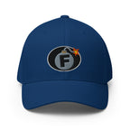 Royal Blue structured Flexfit cap with embroidered F-Bomb front design, front view