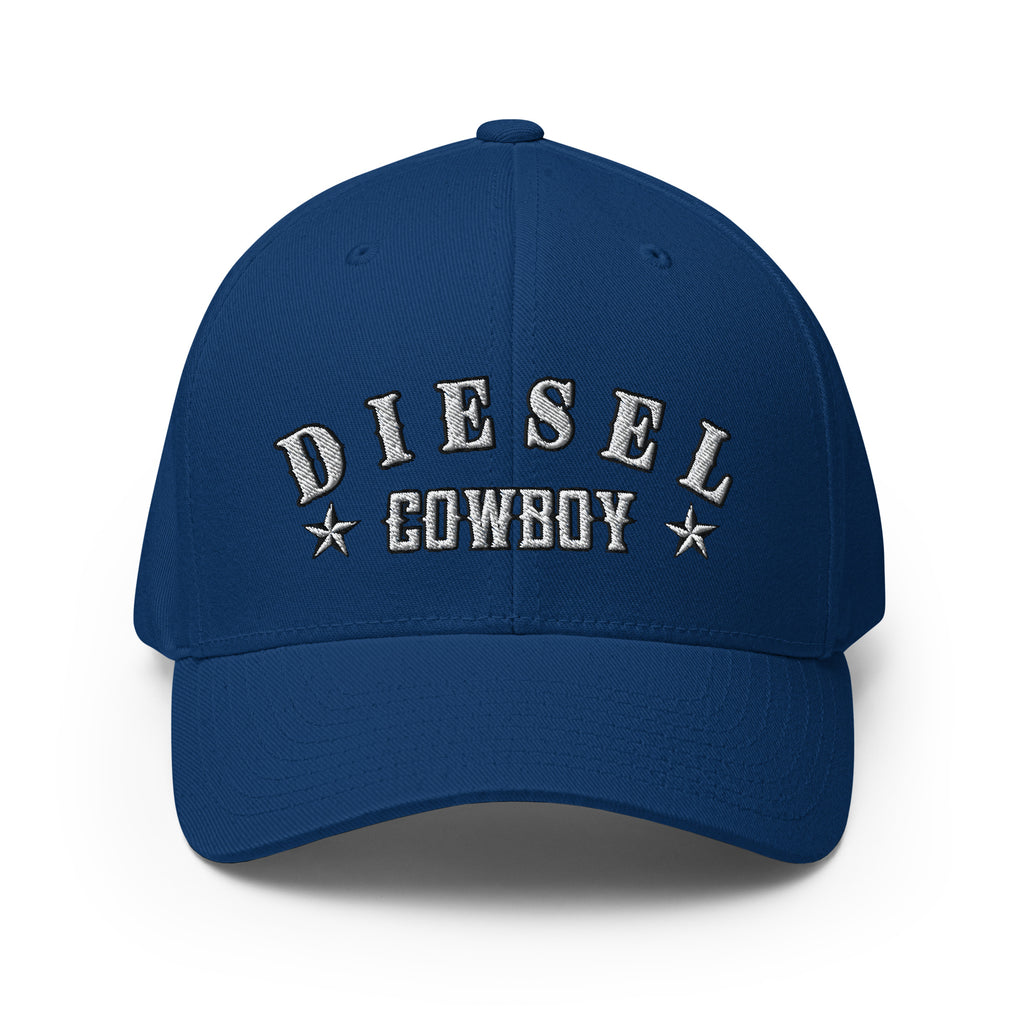 Royal Blue structured Flexfit cap with embroidered Diesel Cowboy front design, front view