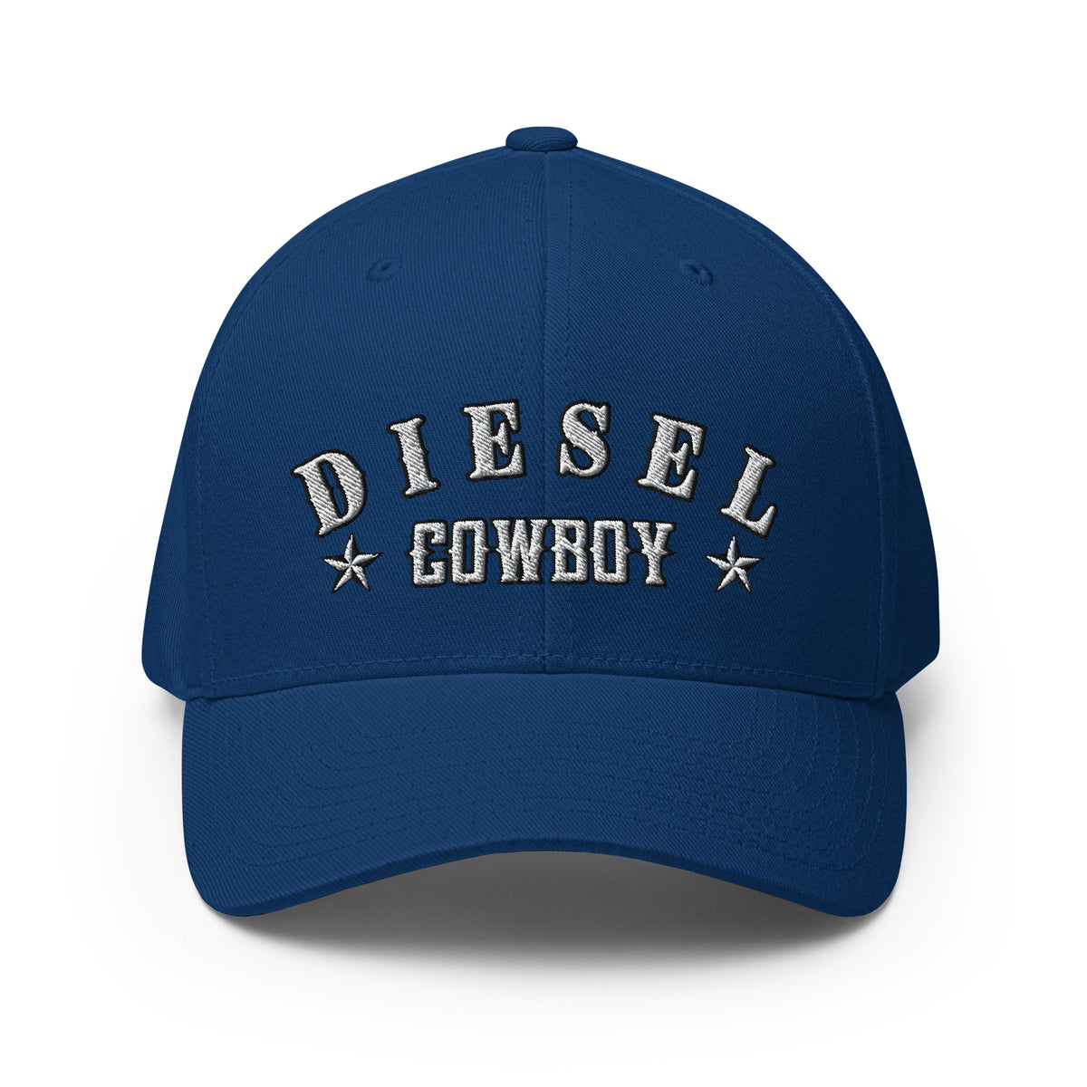 Royal Blue structured Flexfit cap with embroidered Diesel Cowboy front design, front view