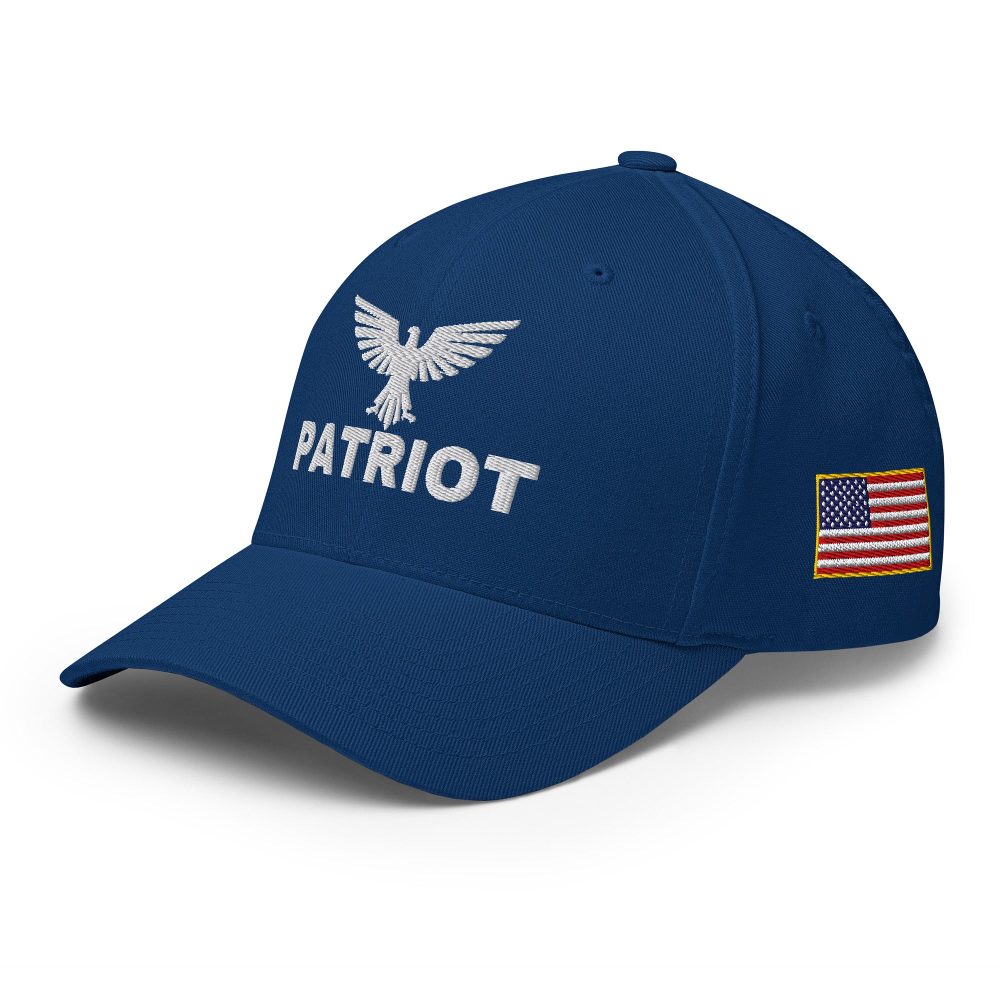 Blue cap with 'Patriot' text and American flag on a white background