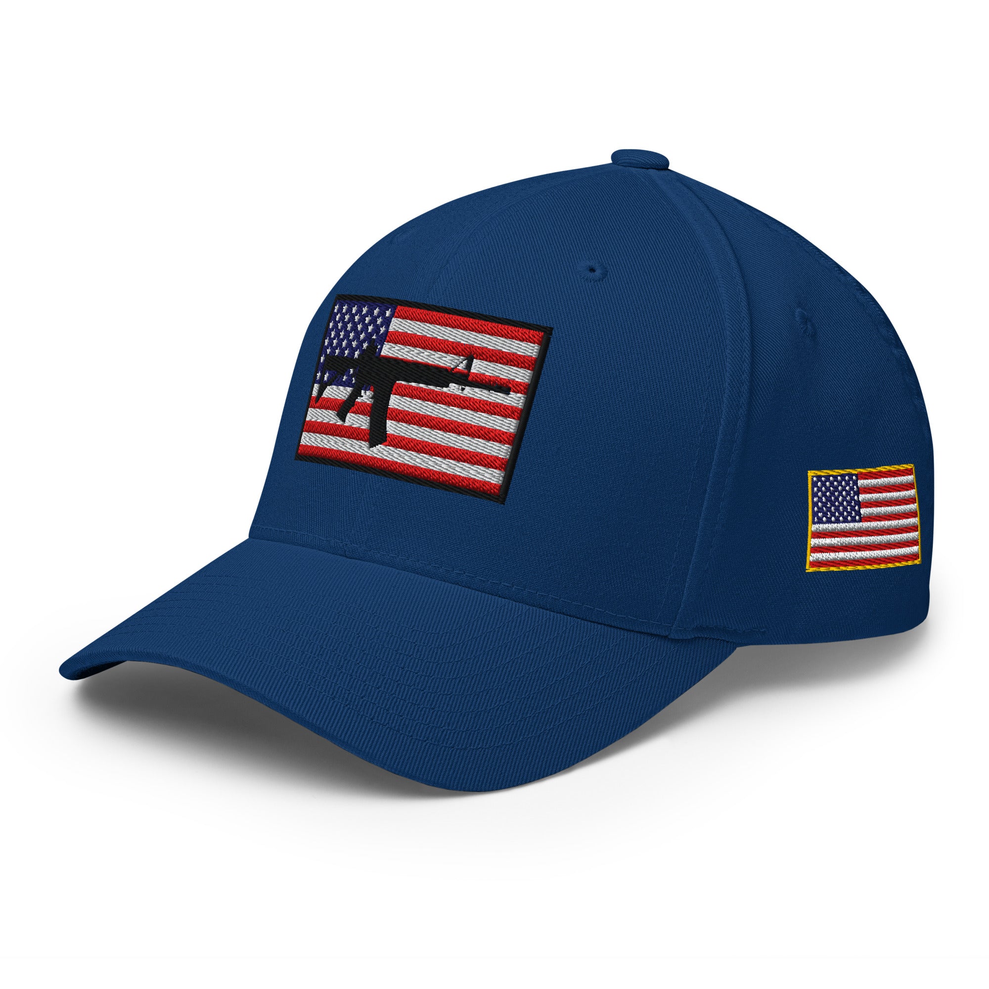 Blue cap with American flag patches on a white background