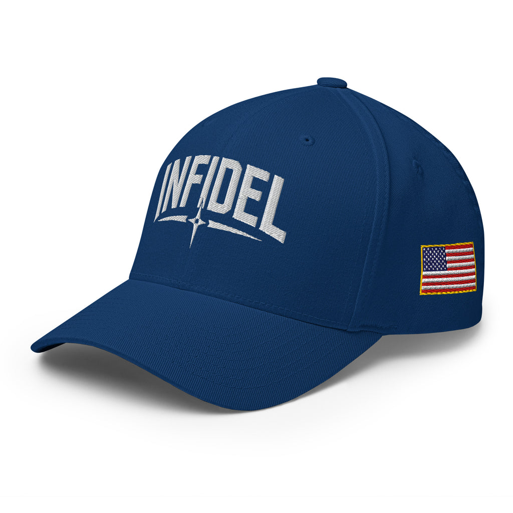 Blue cap with 'INFIDEL' text and American flag patch on a white background
