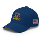 Left-front view of royal blue Infidel USA Flag Cobra Flexfit hat