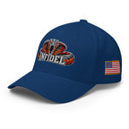 Left-front view of royal blue Infidel Cobra King Flexfit hat