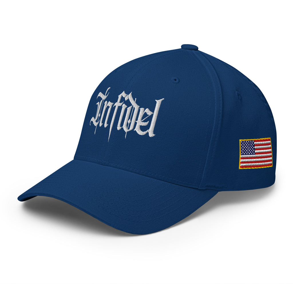 Left-front view of royal blue Infidel Script Flexfit hat