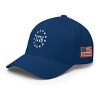 Left-front view of royal blue 1776 Betsy Ross Stars Flexfit hat
