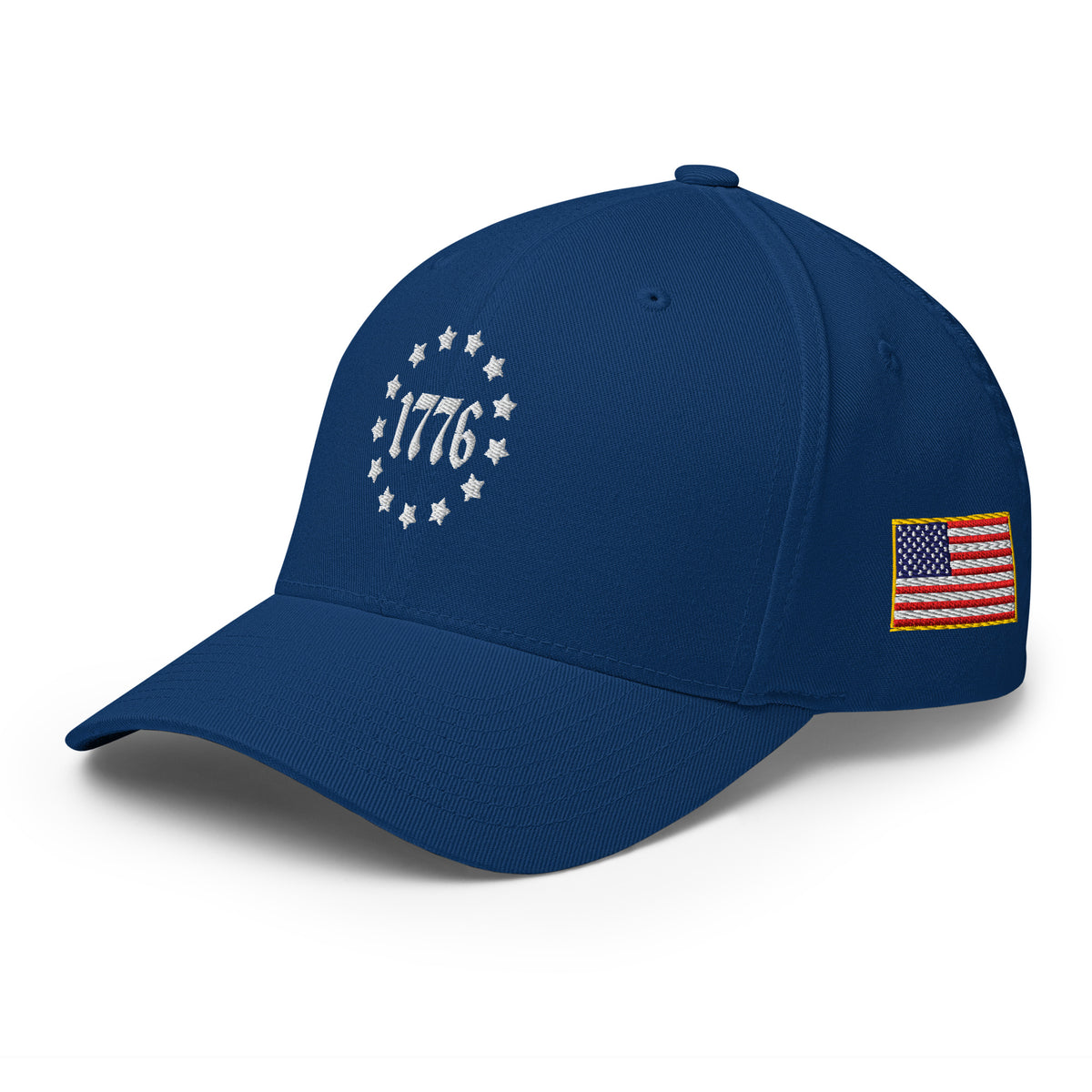 Left-front view of royal blue 1776 Betsy Ross Stars Flexfit hat