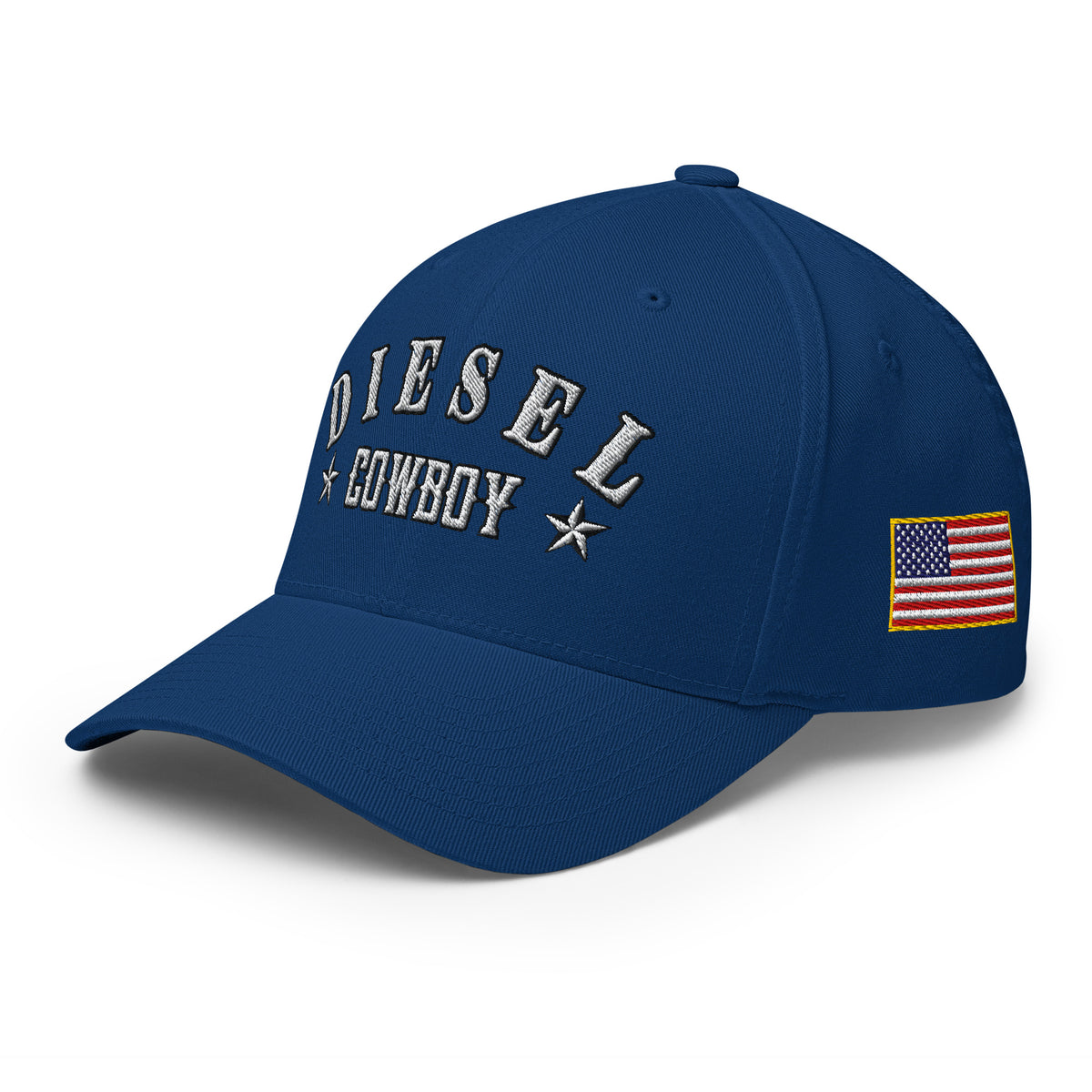 Royal Blue structured Flexfit cap with embroidered Diesel Cowboy design, left front view