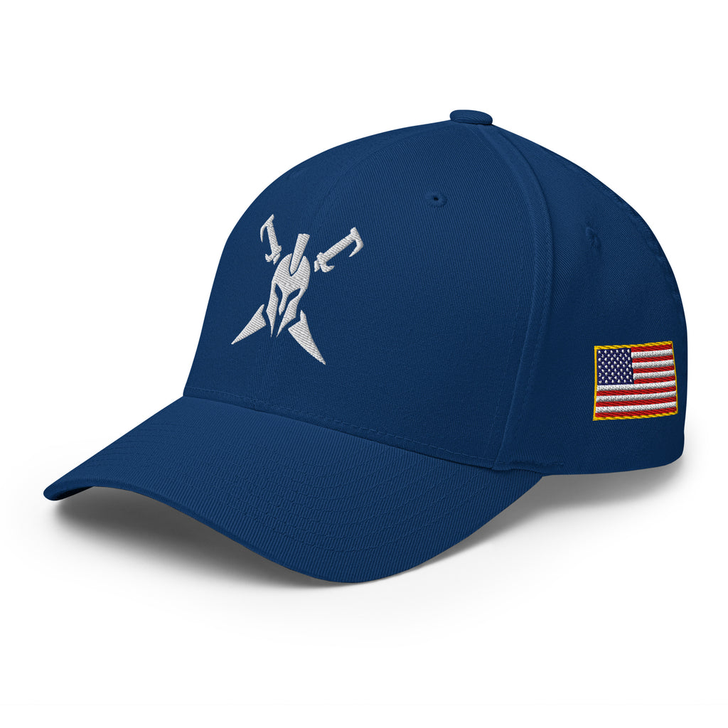 Royal Blue structured Flexfit cap, left front view with Call to Arms embroidery