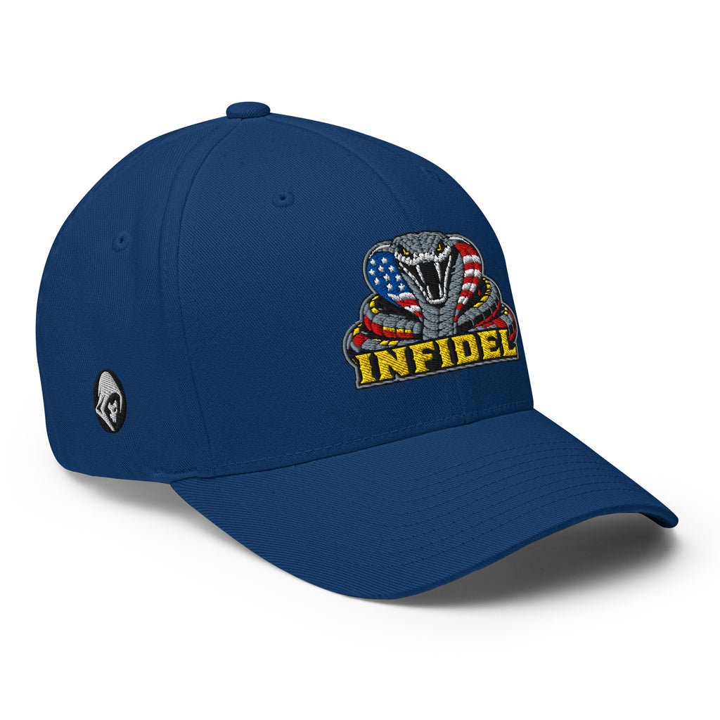 Right-front view of royal blue Infidel USA Flag Cobra Flexfit hat