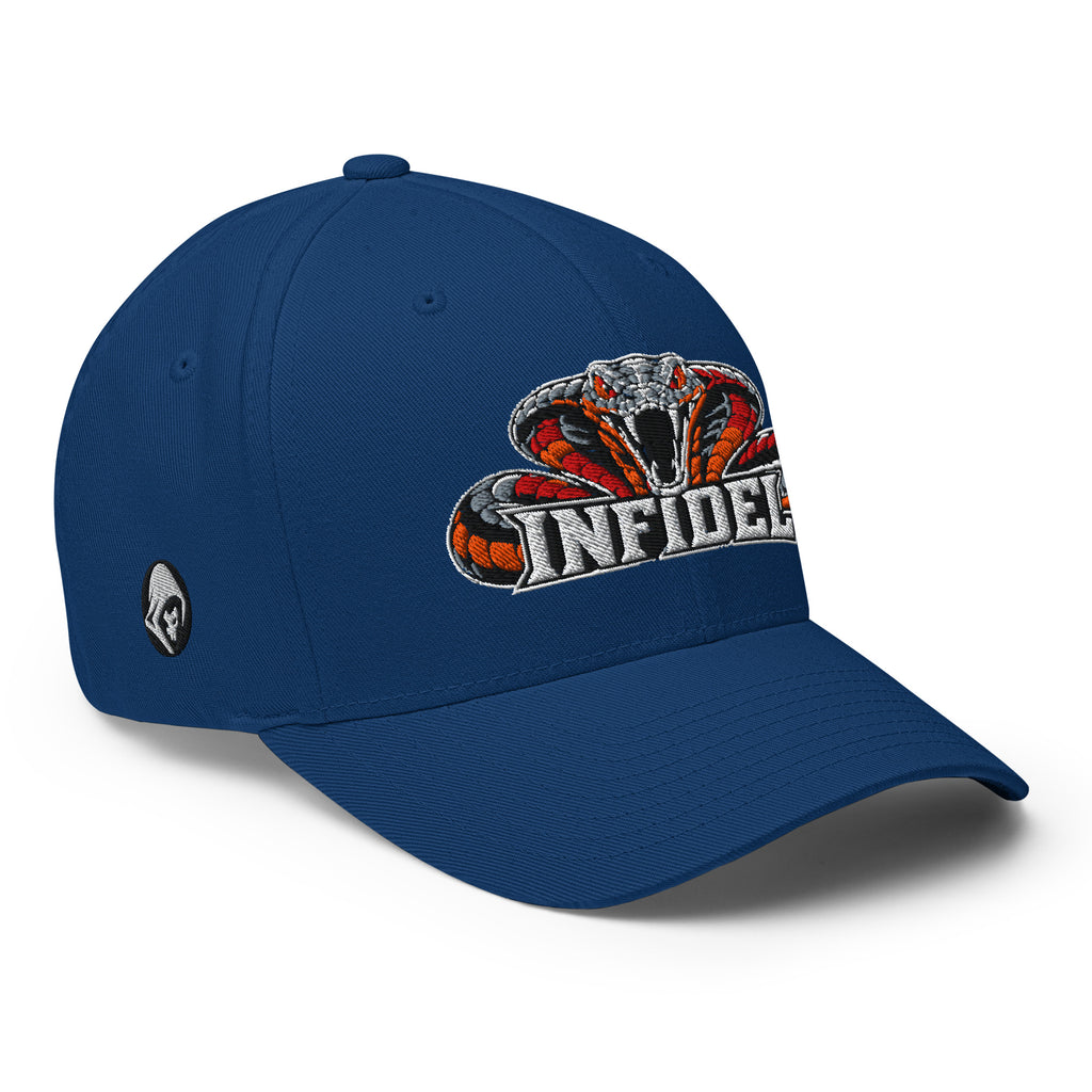 Right-front view of royal blue Infidel Cobra King Flexfit hat